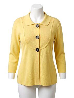 Yarns & Stitches Womens XL Yellow Knit Jacket Blazer 3/4 Sleeve Button Front EUC